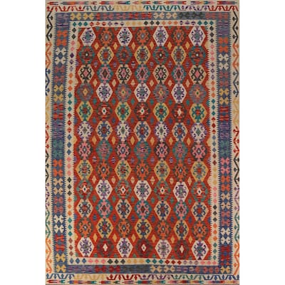 All-Over Geometric Kilim Oriental Area Rug Hand-Woven Wool Carpet - 8'5"x 11'11"