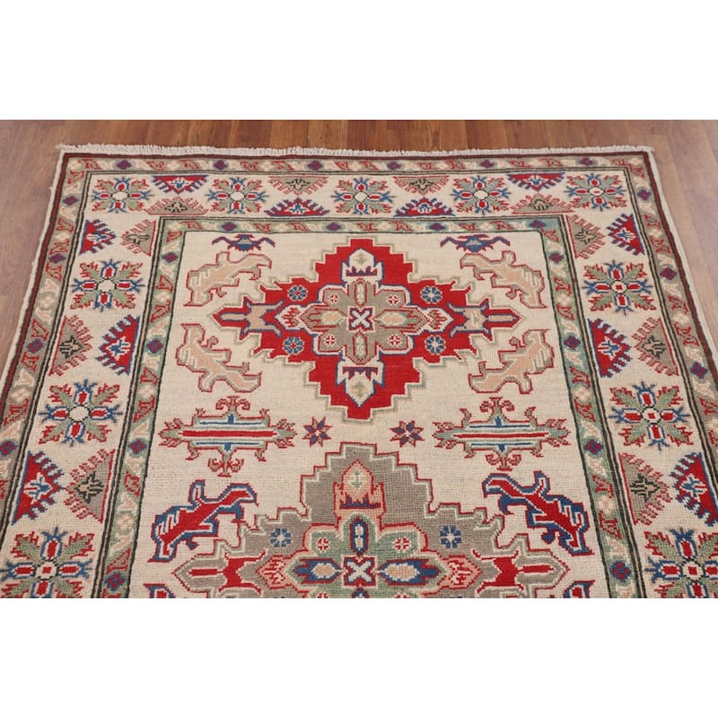 Geometric Kazak Oriental Accent Rug Hand-Knotted Wool Carpet - 3'11" x 5'11"