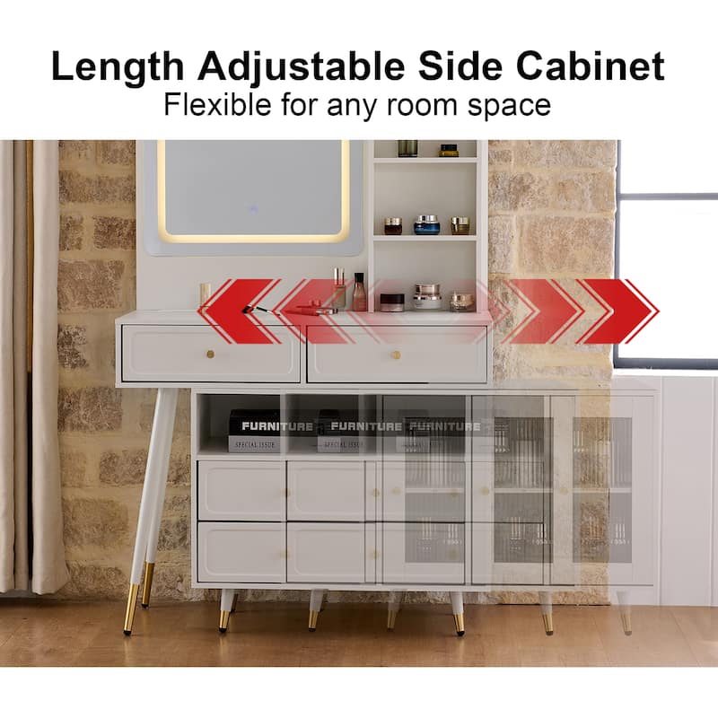 Modern Makeup Vanity Set with PU Cushioned Stool, Retractable Dressing Table Vanity Desk with Mirror, Light & Power Outlet