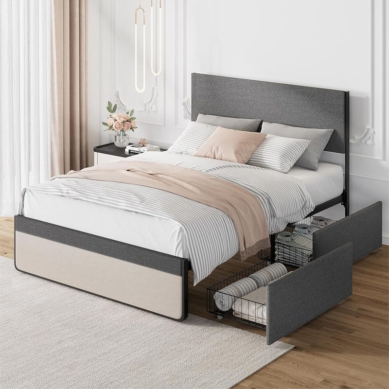 Bed Frame with 2 Storage Drawers Upholstered Platform Bed Frame - Grey - Queen