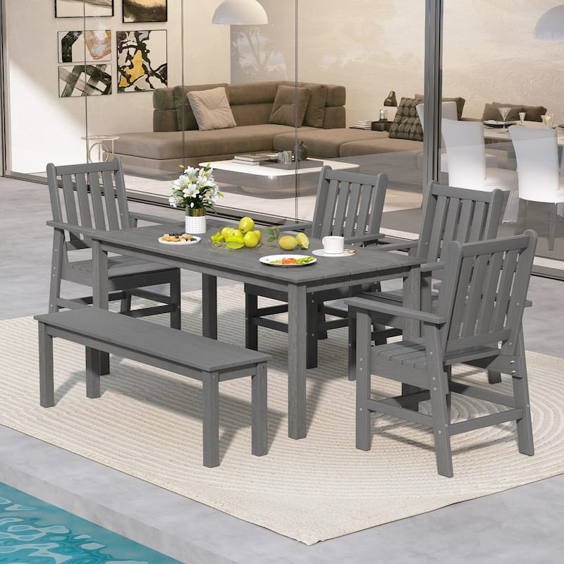 Gymax 6PCS Patio Dining Bench Set Outdoor HDPE Weather Resistant Table - Grey
