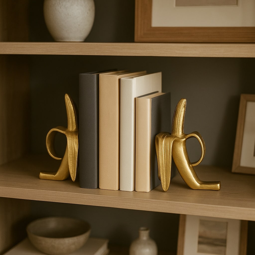 Decorative Metal Banana Sculptures Bookends - Modern Home - 11", Gold - 11.0"