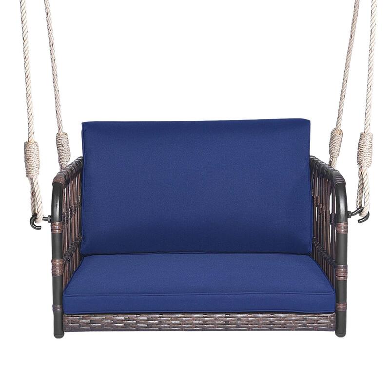 Porch Swing Chair Rattan Hanging Bench Seat w/ Cushions Hooks Balcony - Mix Brown+Navy