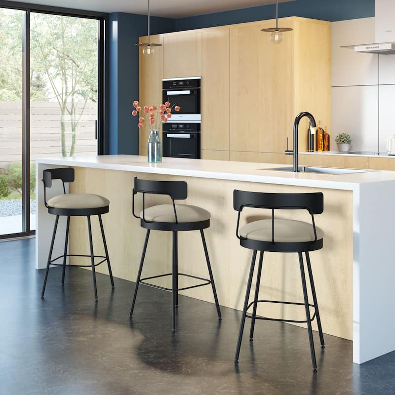 Amisco Monza Swivel Counter and Bar Stool - Greige Faux Leather / Black Metal - Counter Height