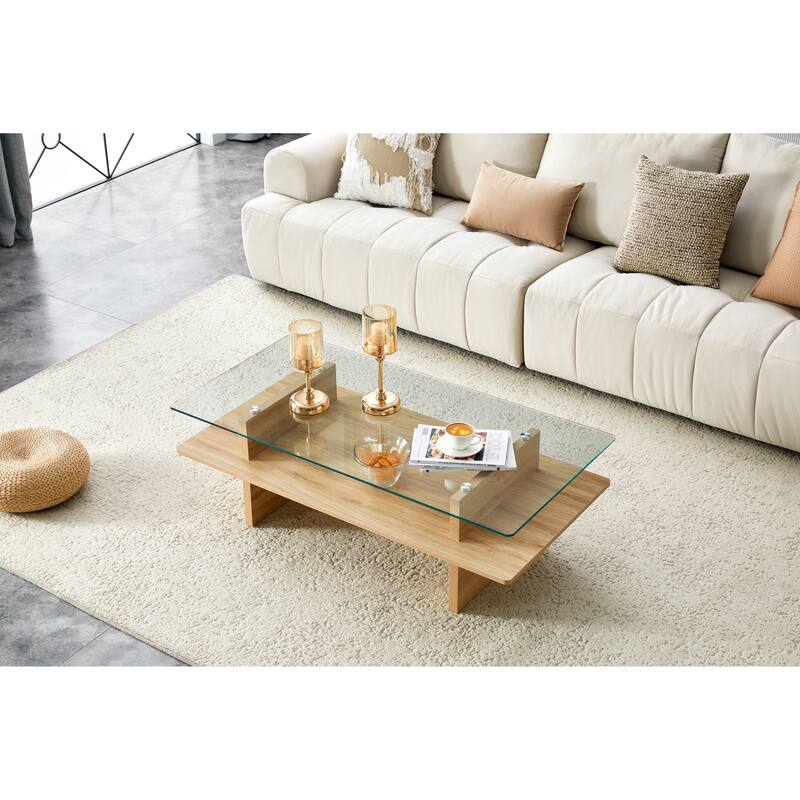 Two-Tier Tempered Glass & MDF Coffee Table, Natural Wood Finish Modern Double-Layer Coffee Table with Sturdy Frame