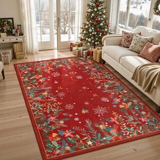 5x7 Rectangular Rugs Christmas 5x7 Area Rugs, Red Floral Rugs for Living Room, Non-Slip Soft ...