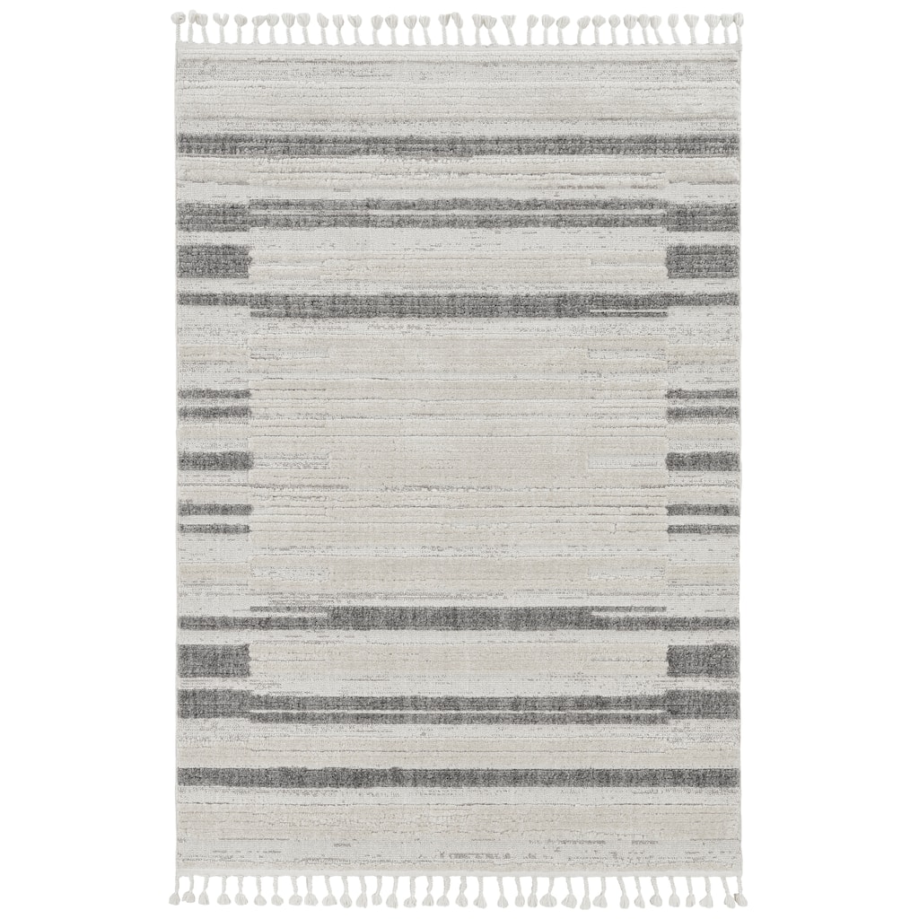 Strick & Bolton Doyle Grey/ Ivory High-low Textured Fringe Area Rug