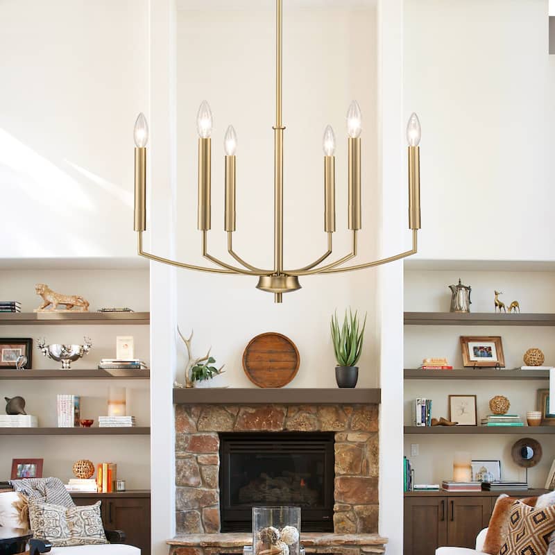 Mid-century Modern 6-Light Gold Candelabra Chandelier for Living/ Dining Room - 24.4" W × 15" H