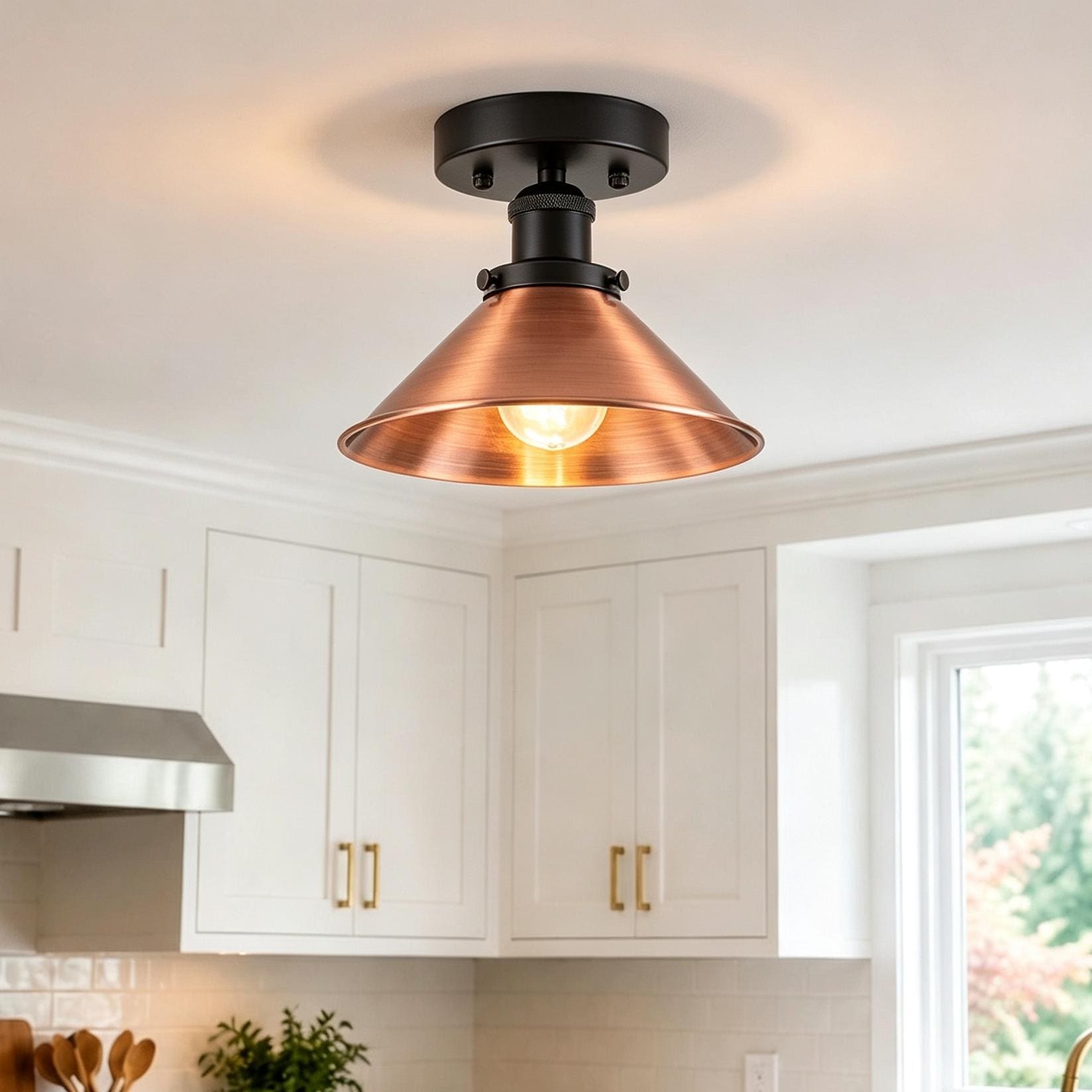 Rennnsan 1-Light Industrial Metal Cone Semi-Flush Mount Ceiling Light for Hallway - 8.3 in. W x 6.5 in.H