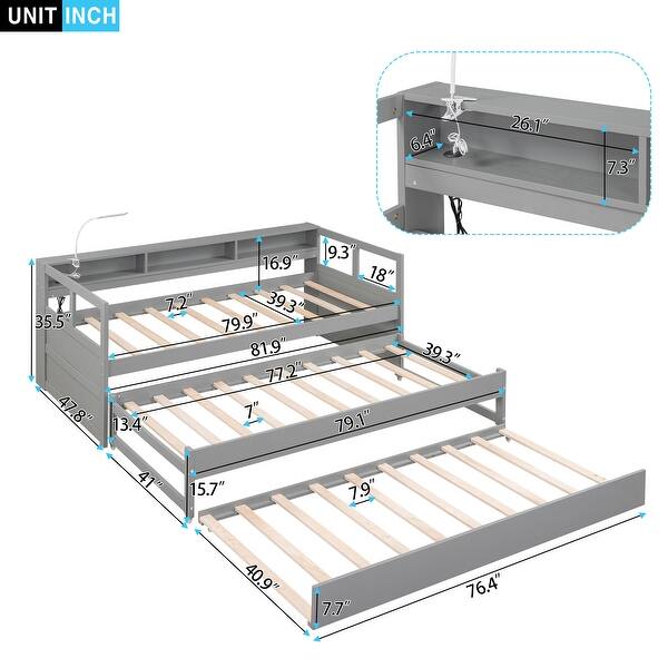 Twin XL Size Wood Daybed with 2 Trundles, 3 Storage Cubbies, 1 Light for Free and USB Charging Design Creative Triple Bunk, Gray