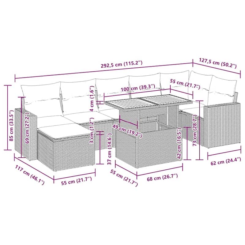 vidaXL Patio Sofa Set with Cushions Modular Outdoor Seating 8 Piece Poly Rattan - 21.7 x 24.4 x 27.2