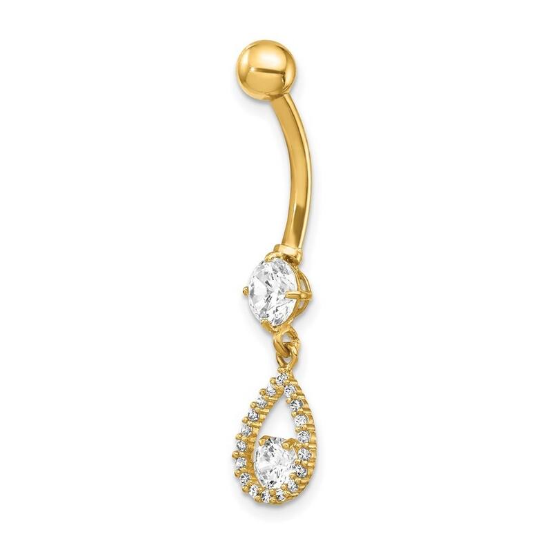Curata Solid 14k Yellow Gold 7mm Cubic Zirconia Teardrop Dangle Belly Ring (7mm x 34mm)