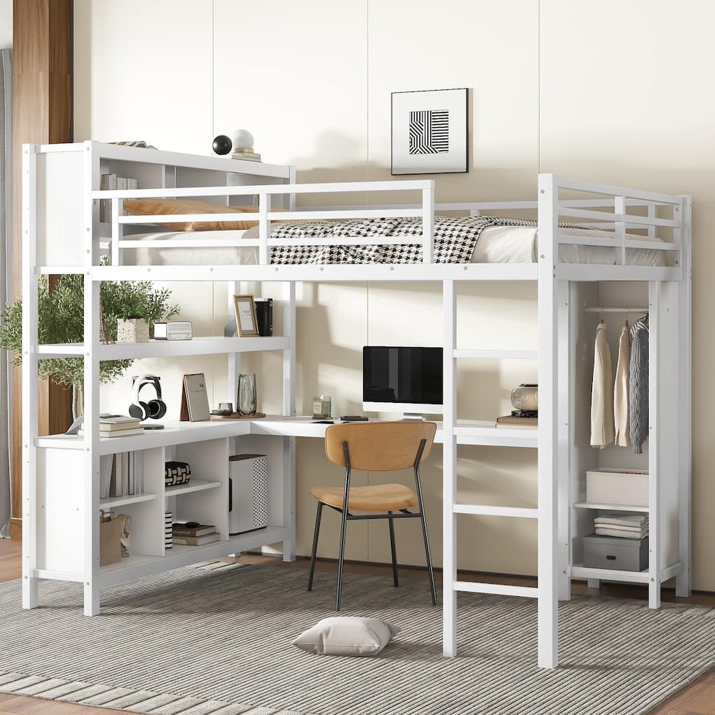Queen Size Metal Loft Bed with Wardrobe, L-shaped Desk, and Storage Shelves for Kids, Teens, and Adults