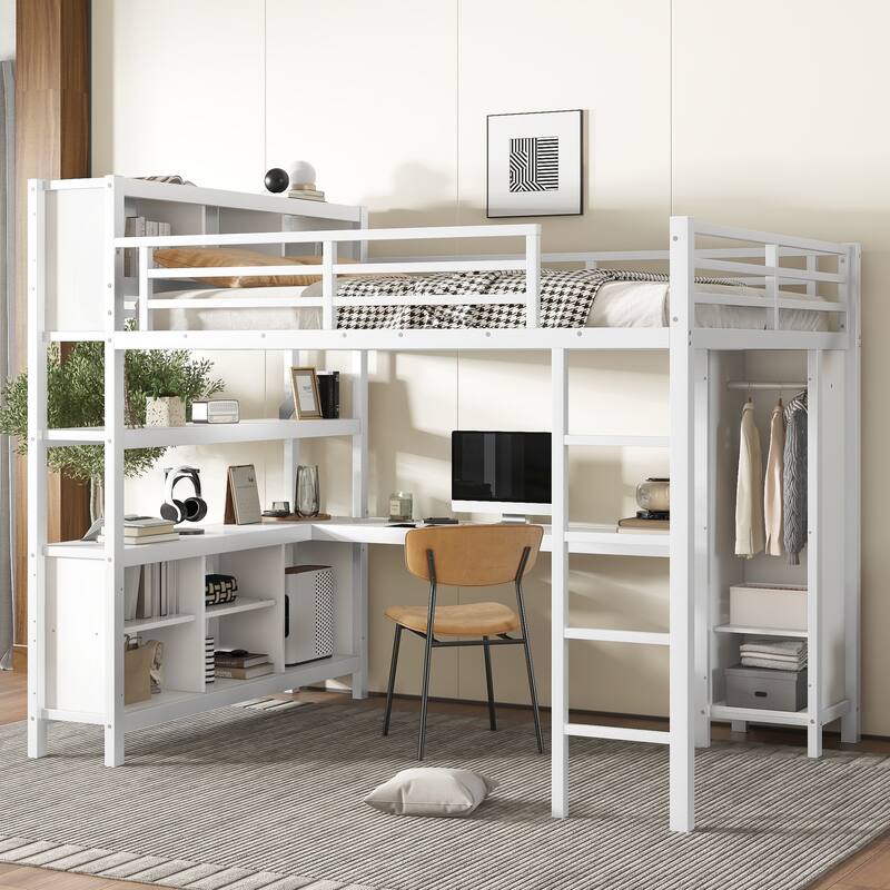 Roomfitters Queen Size Metal Loft Bed with L-Shaped Desk, Wardrobe, Storage Cubes & Shelves, Heavy-Duty Frame - Off White - Queen