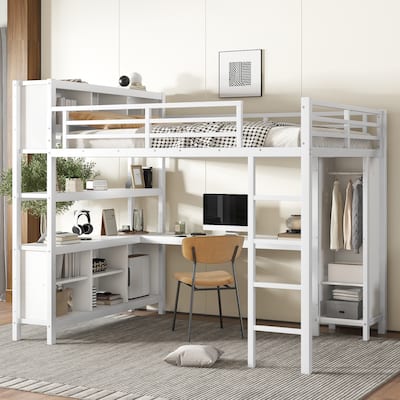 Teen & Adult Metal Loft Bed with L-Shaped Work Desk, Closet & Shelf Storage