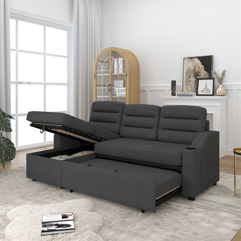 83.5" Convertible Sleeper Combo Sofa w/ Storage Recliner & Cup Holder