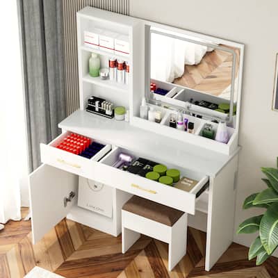 32" Wide Makeup Vanity Desk with Lighted Mirror Power Outlet, Dressing Table with Large Storage Space and Cushioned Stool