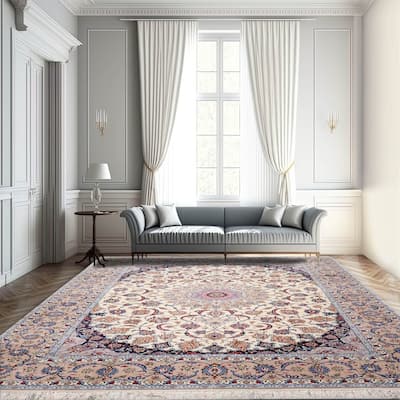 Hand Knotted Isfahan Cream Persian Wool & Silk Traditional Oriental Area Rug - 8' 5'' x 11' 9''