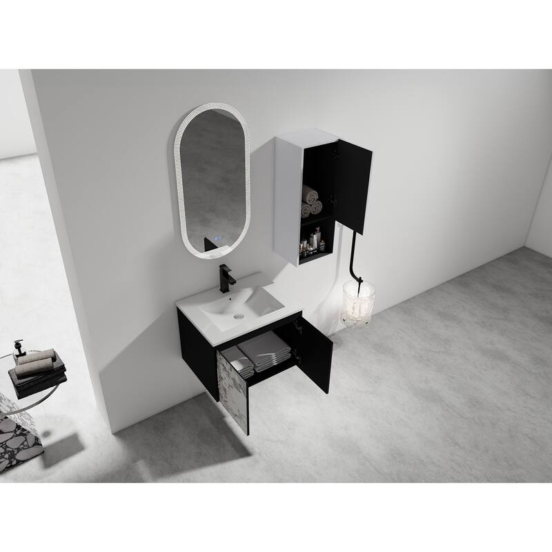 24" Wall-Mounted Bathroom Vanity with Ceramic Sink and Soft-Close Doors, Side Cabinet for Extra Storage