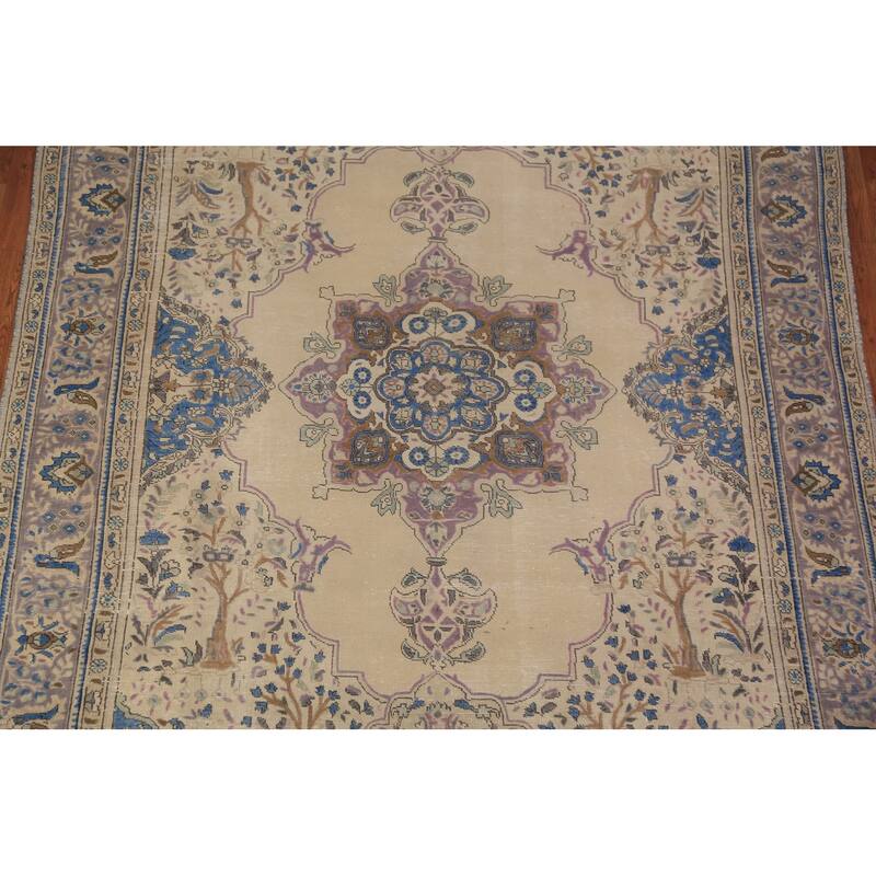Geometric Tabriz Persian Area Rug Handmade Beige Wool Carpet - 7'8"x 11'3"