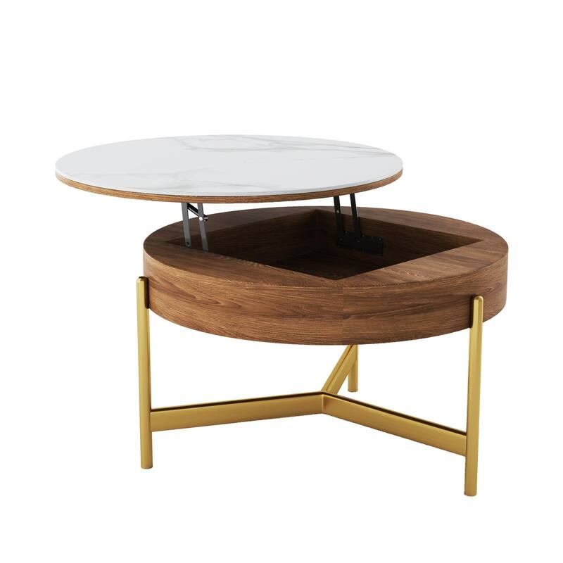 Modern Coffee Table, Lifting-top Round Coffee Table with Storage, Sintered Stone Top, Carbon Steel Legs