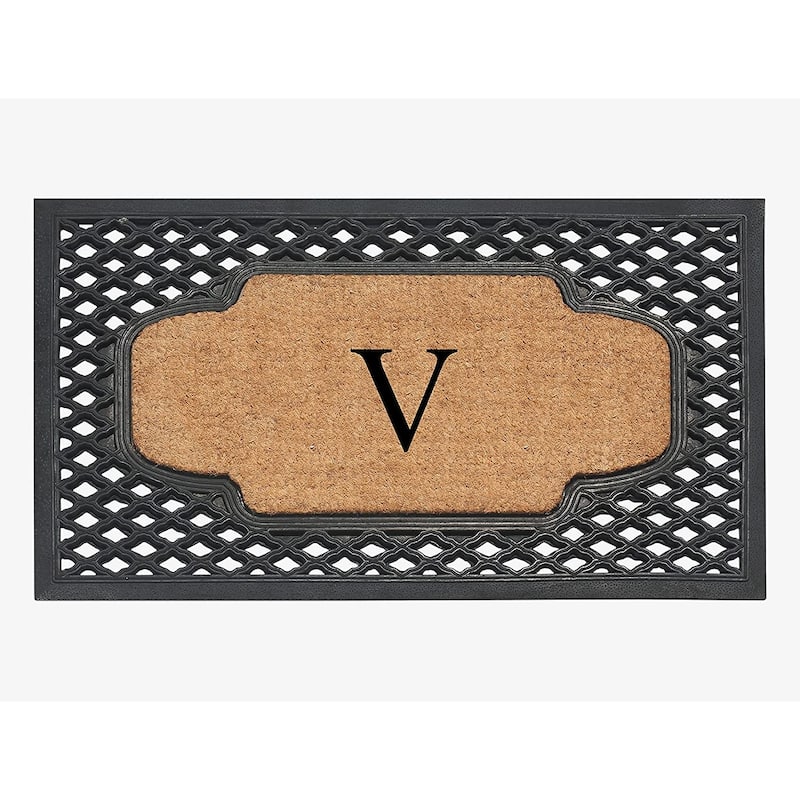 A1HC Mesh Border Rubber and Coir Large Heavy-Duty Outdoor Monogrammed Doormat, 23"X38" Black - V - Black