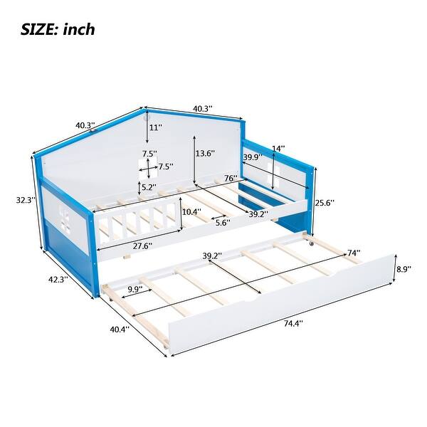 dimension image slide 3 of 4, Charming House-shaped Design Wooden Daybed with Fence, Trundle and Smart Sensor Lights, Twin size