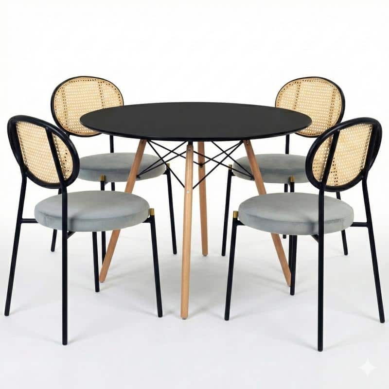 Leisuremod 5-Piece Dining Set with 1 Modern Solid Wood Top Round Dining Table and 4 Velvet/Leather Upholstered Chairs - Grey
