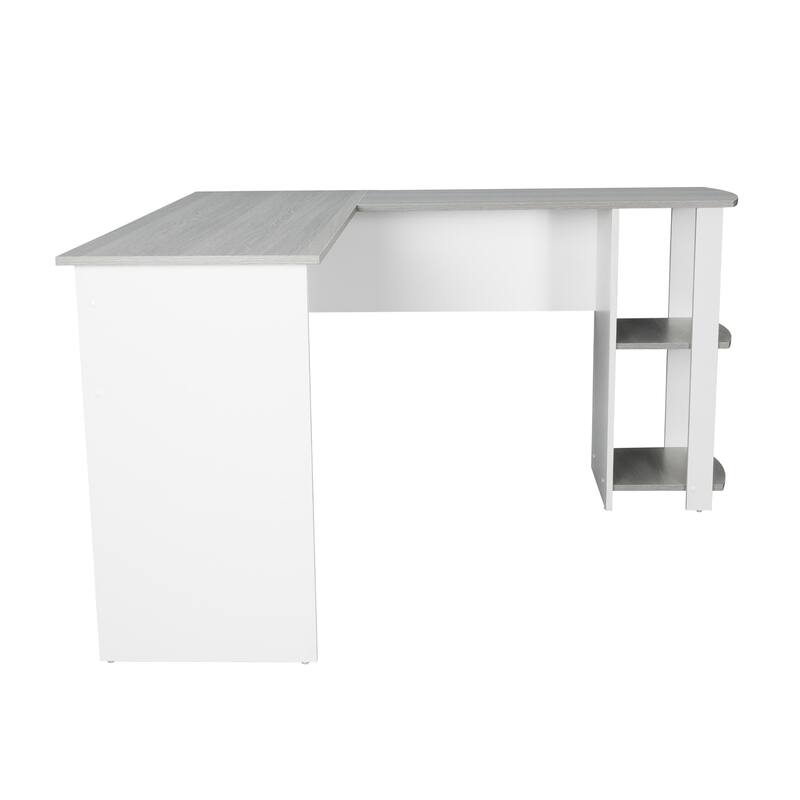 Modern L-Shaped Desk with Side Shelves, Grey