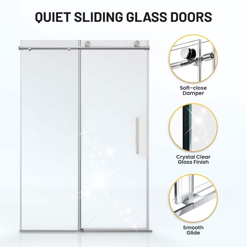 Mountain 60-inch Reversible Frameless Sliding Deco-Glass Shower Door with Soft-Close System