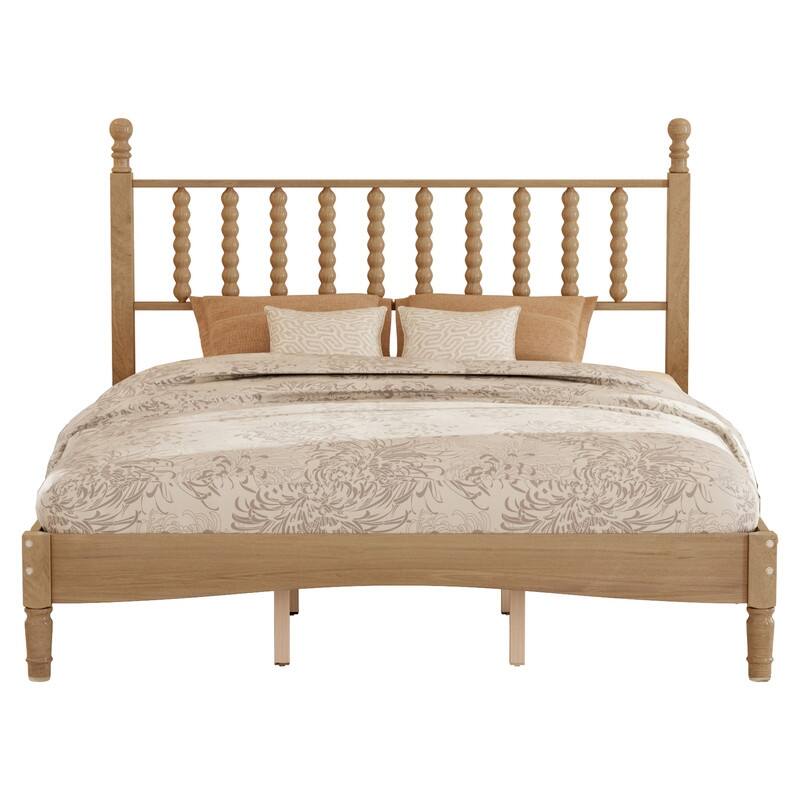 Queen Size Wood Platform Bed with Gourd Shaped Headboard, Slat Support