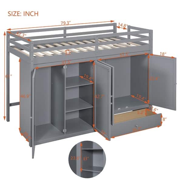 dimension image slide 0 of 2, Modern Twin Size Loft Bed With Drawer,Two Wardrobes and Mirror