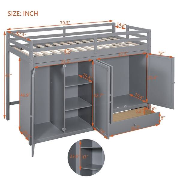 dimension image slide 0 of 2, Twin Size Loft Bed With Drawer,Two Wardrobes and Mirror,Solid Construction