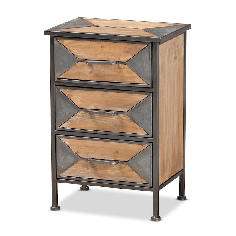 Baxton Studio Laurel Rustic Industrial Antique Grey Finished Metal and Whitewashed Oak Brown Finished Wood 3-Drawer End Table - Ash Grey