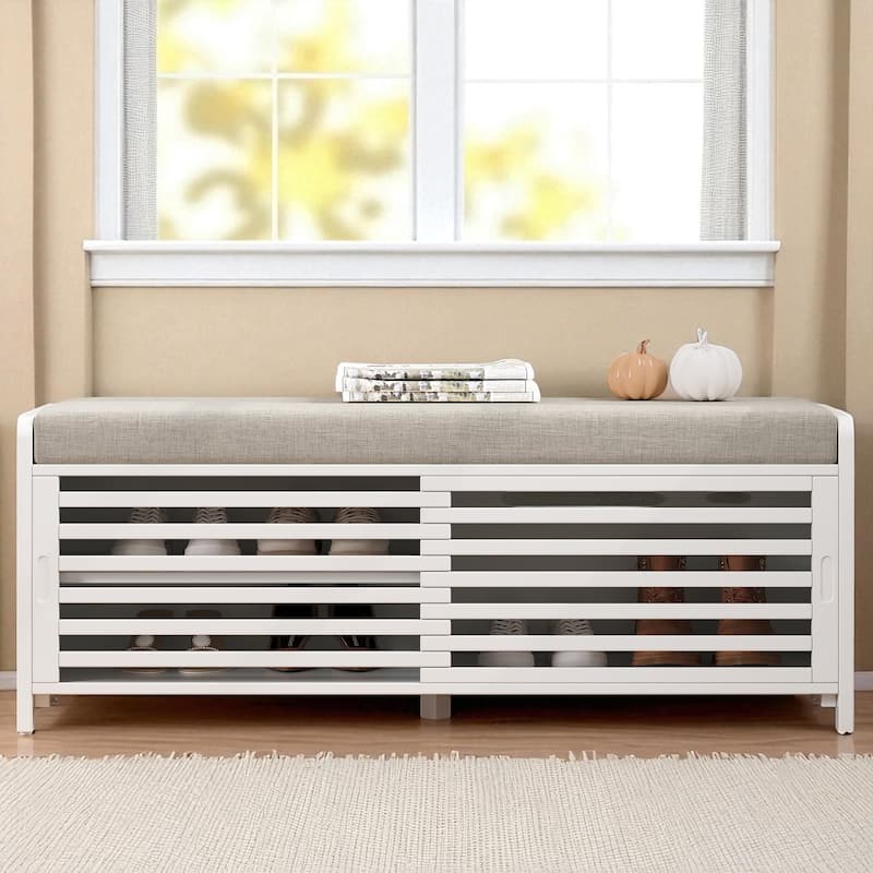 Distressed Shutter Shoe Bench with Cushion, Entryway Storage Bench with Sliding Door & Shelves, 43.3" Wide - White