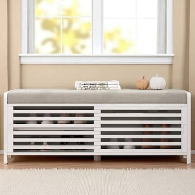 Distressed Shutter Shoe Bench with Cushion, Entryway Storage Bench with Sliding Door & Shelves, 43.3" Wide