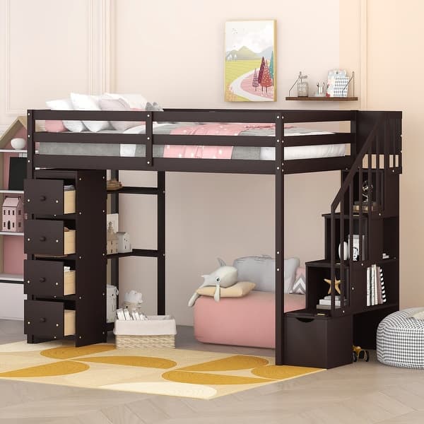 slide 2 of 42, Multifunctional Design Loft Bed with Storage Stairs and Shelves, Efficient space, Twin Size Espresso