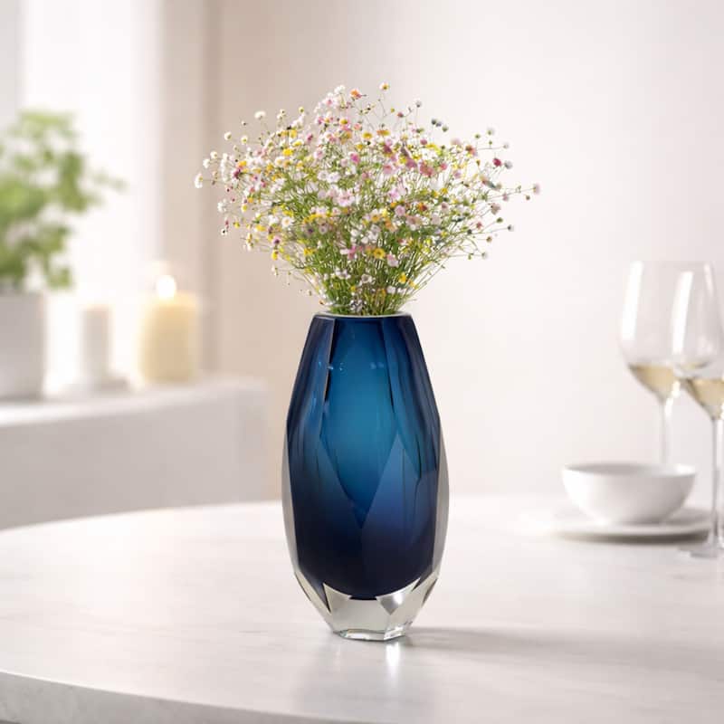 Blue Art Deco Cut Glass Vase with Faceted Base Modern Decor Accent