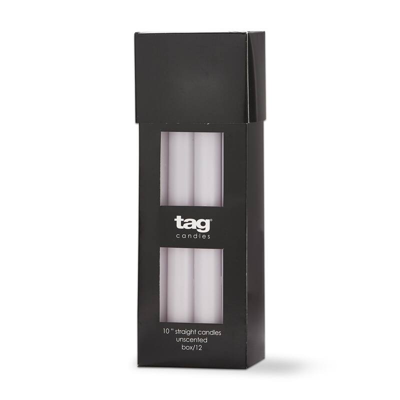 Color Studio 10" Straight Taper Unscented Smokeless Paraffin Wax Candle White, Burn Time 10 hrs. Set 12