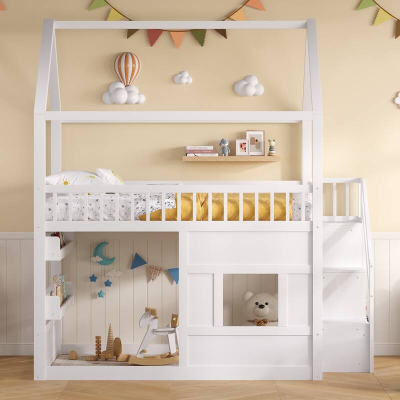 Full Size Wooden House Bed with Built-in LED Shelf Light, Fairytale Loft House-shaped Bed Frame for Children Kids Boys Girls
