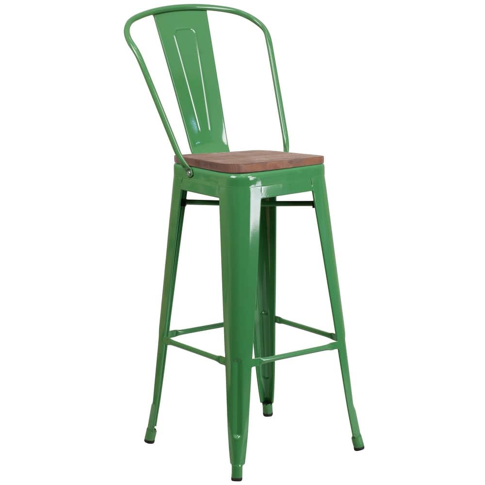 30" High Metal Barstool with Back and Wood Seat - 17.75"W x 20"D x 45.25"H