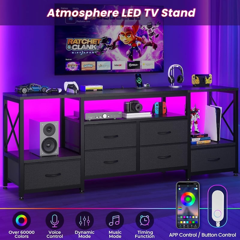TV Stand with LED Lights Power Outlets Dresser Fabric Drawers Entertainment Center