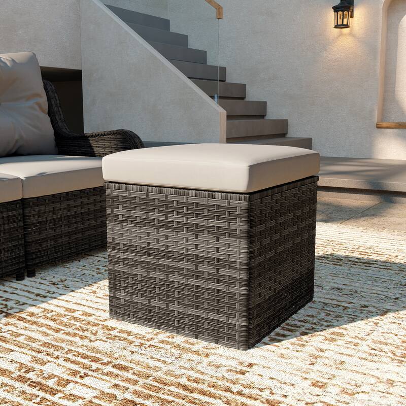 Outdoor Wicker Square Storage Ottoman with Plush Cushion - GreyBrownBase-Khaki