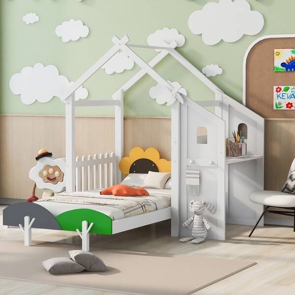slide 2 of 18, Twin Platform Bed with Windmill, Flower Decor & Desk - House Bed Style White