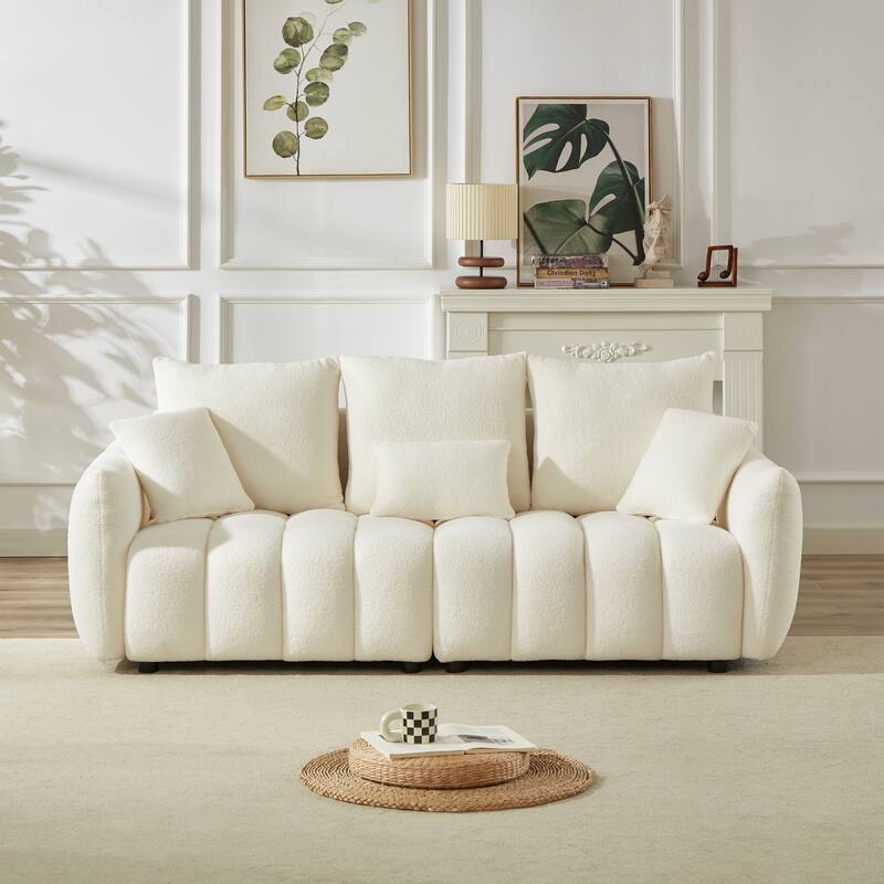 2-Piece 6-Seat Teddy Fabric Sectional Set (3+3) with Wood Frame & 6 Pillows