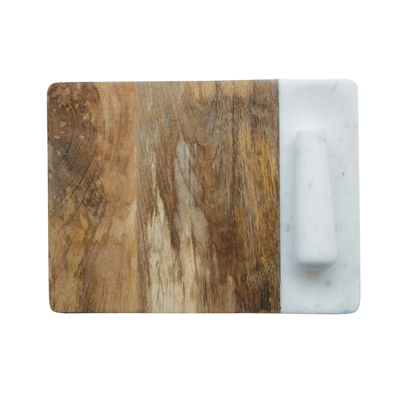 Mango Wood and Marble Cheese and Cutting Board with Pestle - 12.0"L x 9.0"W x 0.8"H