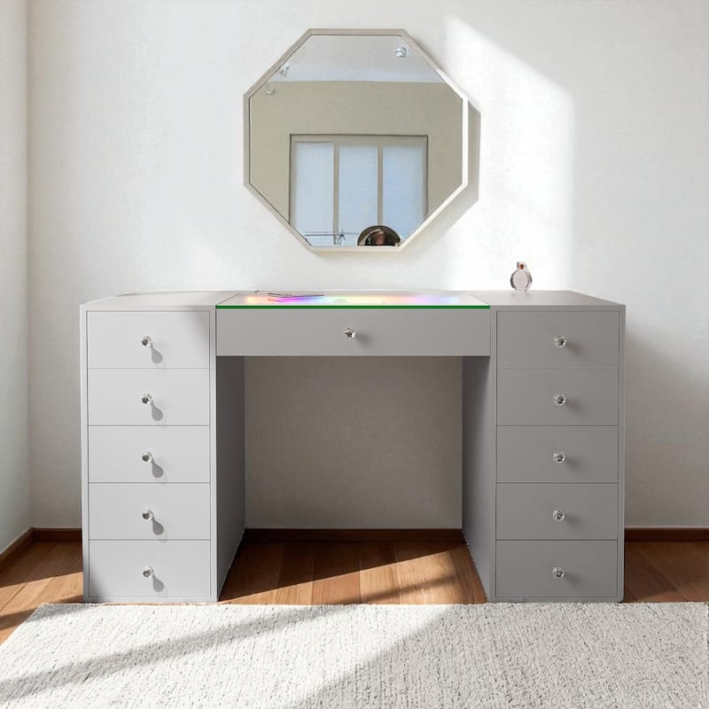 51.2" Vanity Desk with RGB LED Lights, Glass Top Makeup Table with 11 Storage Drawers & Touch Sensor for Bedroom