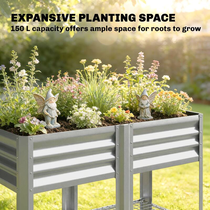 Outsunny Galvanized Steel Raised Garden Bed with Storage Shelf and Bed Liner, Elevated Planter Box with Legs