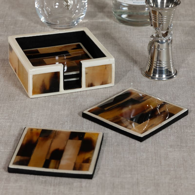 Maison Helvète Horn & Bone Coasters with Holder, Set of 4 - Natural