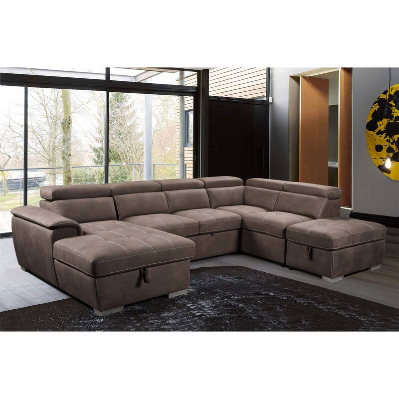 Brown U Shape Modular Sectional Sofa with Adjustable Headrest